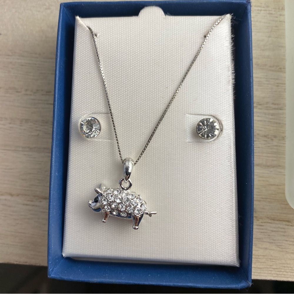 Super Cute Silver Pig with Rhinestones Necklace | + Pair of Rhinestones Earrings